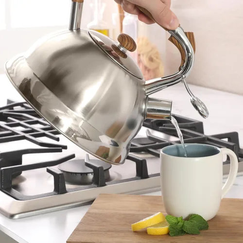 Miniatura 5 de Mr. Coffee Woodmont - Hervidor de té de acero inoxidable de 2 cuartos con mango de madera, hervidor silbante para estufa, tetera duradera de cocción
