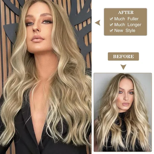 Miniatura 5 de WECAN Extensión de cabello con clip, de 20 pulgadas, mezcla de rubio ceniza y rubio decolorado, 6 piezas, extensiones de cabello largo ondulado