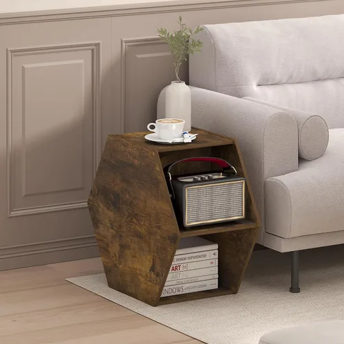 Miniatura 2 de Furinno - Mesa de café de diseño simple, mesa de café moderna hexagonal con estante abierto, mesa auxiliar vertical u horizontal, para sala de Pino