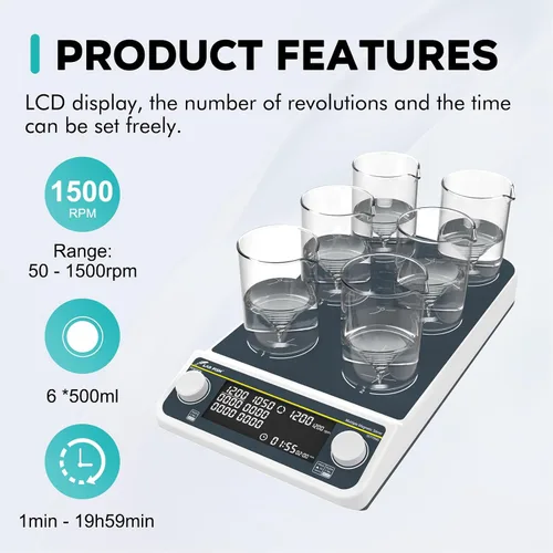 Miniatura 2 de LAB FISH Laboratorio Digital Multi Lugar Agitador Magnético Velocidad 50-1500RPM 6x500ML Posición Agitar Placa Sincronización y Control Asincrónico
