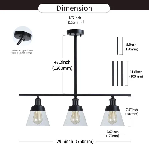 Miniatura 4 de Fivess Lighting Iluminación de Isla de Cocina Estilo Granja Negro de 3 Luces, Candelabro Lineal de Vidrio Texturizado Transparente, Varillas