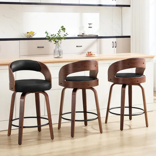 Miniatura 21 de Juego de 1 taburete de bar giratorio, 26" de cuero sintético tapizado, altura de mostrador con respaldo, silla de bar moderna de mediados de siglo