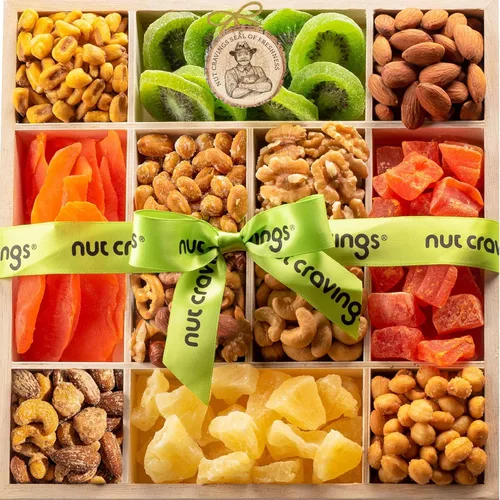 Miniatura 12 de NUT CRAVINGS - Cesta de regalo con arreglo floral de frutas secas navideñas en cesta de regalo de madera en forma de manzana + bandeja (9 surtido)