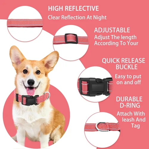Miniatura 2 de collar reflectante para perros con hebilla de cierre de seguridad, collares de nailon suaves y transpirables ajustables para perros pequeños, Rosado