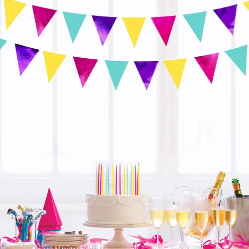 Miniatura 5 de Banderín colorido de 32 pies con diseño de triángulo de arco iris, rosa, morado, azul, amarillo, banderín de tela para gran apertura, fiestas