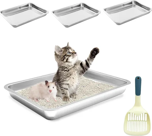BNOSDM 4 bandejas de arena de acero inoxidable para gatos de entrada baja, bandeja de arena de metal poco profunda, caja antiadherente para gatos