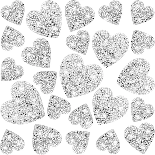 26 parches para planchar en forma de corazón, parches de diamantes de imitación, apliques adhesivos plateados, pegamento caliente, corazones de