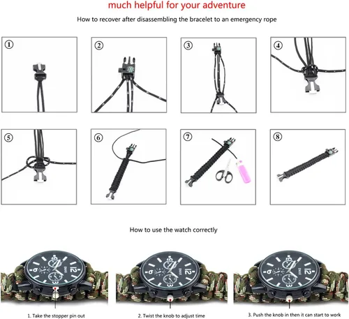 Miniatura 5 de Pulsera de supervivencia deportiva al aire libre, 7 núcleos Paracord Mountaineer Noctilucente Reloj de emergencia Herramientas de primeros auxilios
