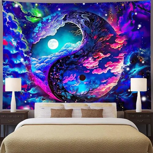 Miniatura 2 de Aidatain Tapiz de cielo colorido de fantasía, luna, nebulosa deslumbrante, Yin y Yang, tapiz de pared, grande de 80 x 60 pulgadas, tela de franela