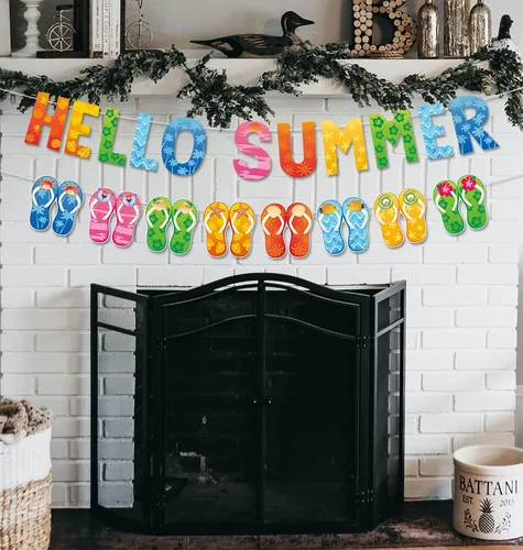 Miniatura 4 de Cartel de Hello Summer y colorido banner de verano hawaiano tropical playa piscina sandalias guirnalda banner verano vacaciones fiesta cumpleaños