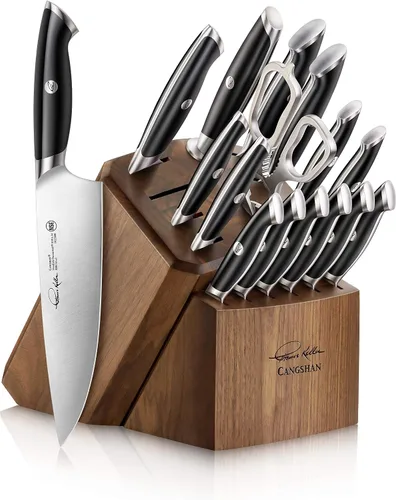Cangshan Thomas Keller Signature Collection - Juego de bloques de cuchillos de 17 piezas de acero forjado en polvo sueco, nogal, negro