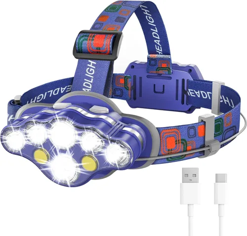 Miniatura 10 de MIOISY - Linterna recargable para cabeza, 8 luces LED súper brillantes, lámpara de cabeza con luz roja y blanca, resistente al agua IPX4, 8 modos