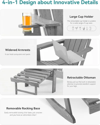 Miniatura 6 de Mecedora plegable Adirondack, silla de patio multifuncional 4 en 1 con otomana retráctil, silla de exterior con textura de madera, silla de césped