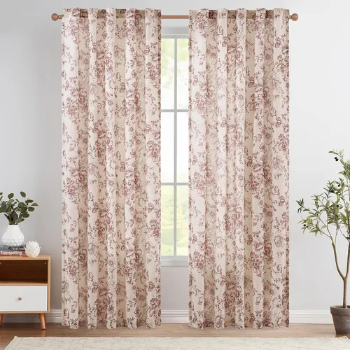 Miniatura 64 de Jinchan Cortinas de Mezcla de Lino con Estampado Floral para Sala de Estar, 84 Pulgadas de Largo, Cortinas con Bolsillo para Varilla y Tab Trasera