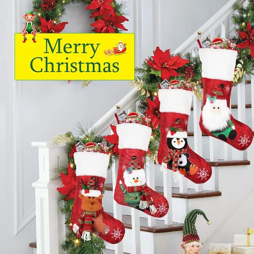 Miniatura 2 de COOLWUFAN Paquete de 4 medias de Navidad de 19 pulgadas con copo de nieve, Papá Noel, muñeco de nieve, reno, pingüino y felpa de piel sintética