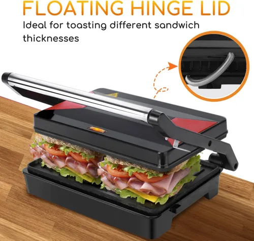 Miniatura 4 de Aigostar - Sandwichera Panini Press de 1000 W con placas revestidas antiadherentes, luz indicadora, tapa de bloqueo, mango de tacto fresco, parrilla