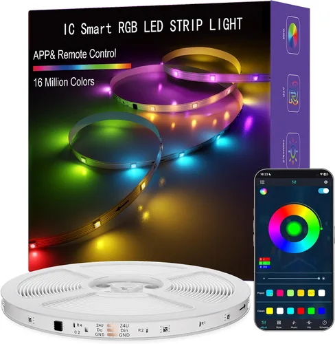 Luces LED para dormitorio, tira de luces LED IC RGB de 50 pies, cambio de color, efectos de persecución de múltiples colores, aplicación y control