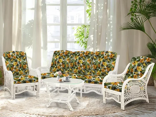 Miniatura 18 de Malibu Lounge Juego de 4: 2 sillas de mimbre de ratán natural, sofá de tres plazas con cojines marrón claro y mesa de centro con vidrio hecho a