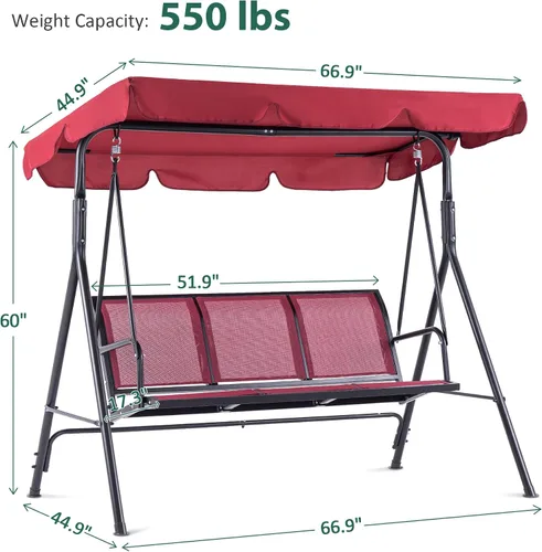 Miniatura 4 de Mcombo 4507 - Silla columpio para patio exterior, para 3 personas, con montura de acero, asientos de textilencia y toldo (color borgoña)