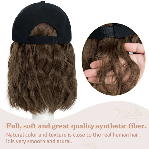 Miniatura 3 de S-noilite Peluca de gorra de béisbol con extensiones de cabello, 8 pulgadas, corta, rizada, ondulada, estilo Bob, peinado, ajustable, con cabello