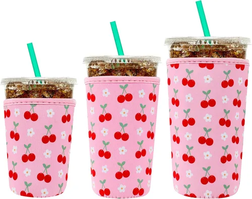Miniatura 22 de YR Funda aislante de neopreno reutilizable para tazas de café helado, paquete de 3 fundas para bebidas heladas y calientes, enfriador de bebidas