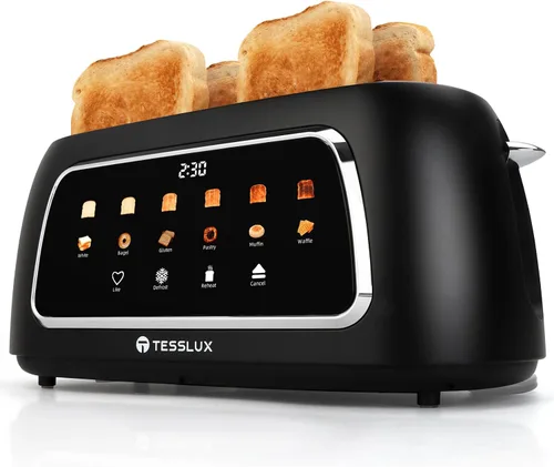 Tesslux Tostadora de 4 rebanadas con control de pantalla táctil, ranuras largas de 1.5 pulgadas de ancho, 6 niveles de tostado y 6 tipos de pan,