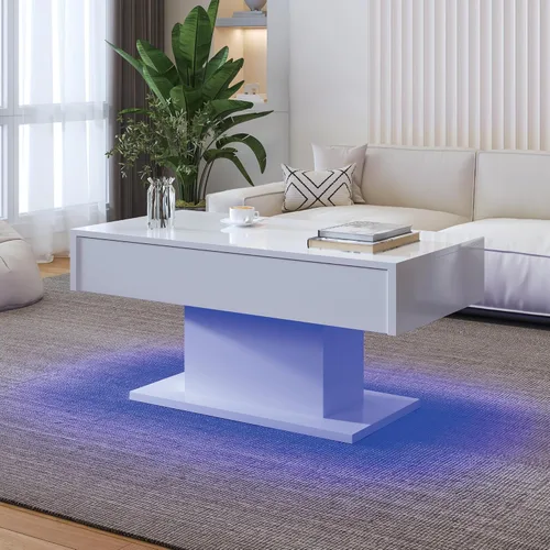 Miniatura 11 de Mesa de café negra moderna con almacenamiento oculto para sala de estar, mesa central rectangular de sala de estar con tapa deslizante y luces LED