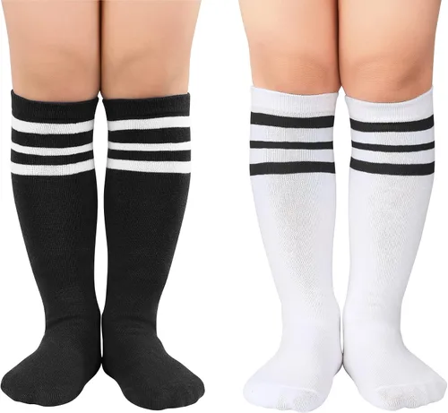 Zando Calcetines de fútbol para niños y niñas, calcetines de tubo a rayas hasta la rodilla, calcetines de uniforme escolar, calcetines largos