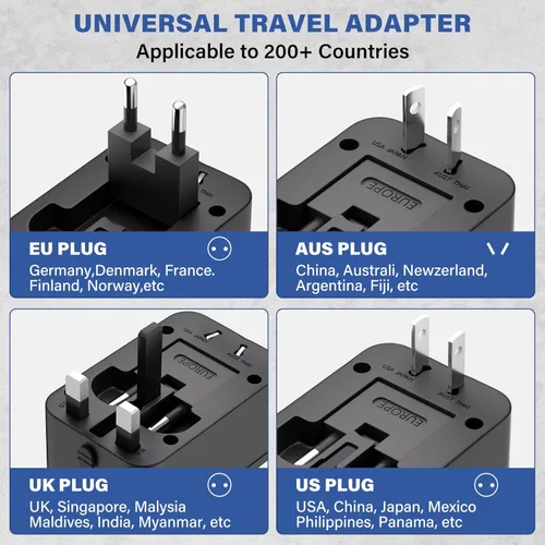 Miniatura 3 de Adaptador de enchufe de viaje con 2 USB A+1 USB C, adaptador de viaje universal todo en uno, convertidores de corriente, cargador de pared