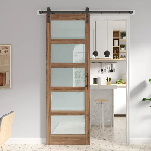 Miniatura 19 de FREDBECK Puerta de granero de vidrio de 32 x 84 pulgadas con kit de herrajes para puerta de granero de 5.5 pies y asa incluida, 5 paneles de vidrio