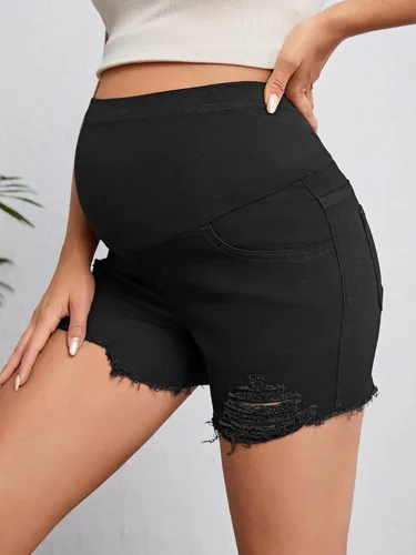 Miniatura 4 de Verdusa Pantalones cortos de mezclilla de maternidad para mujer, cintura alta, rasgados, dobladillo sin procesar, pantalones cortos de embarazo