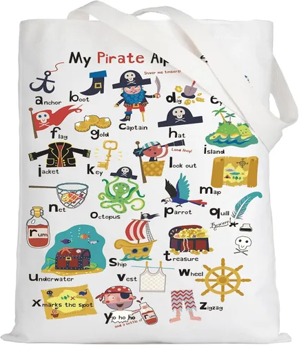 Miniatura 8 de LEVLO Pirate Life - Bolsa de lona con texto en inglés "Pirate Life", regalo inspirado en la cita de pirata, bolso de hombro con alfabeto A-Z