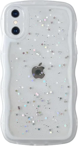 Miniatura 38 de Qokey Funda para iPhone 12 Pro Max de 6.7 pulgadas, diseño de onda rizada, borde transparente, brillante con purpurina, estrella brillante, bonita