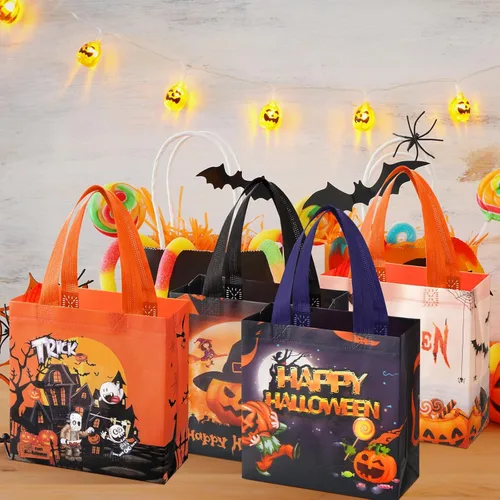 Miniatura 3 de Sweetude 50 bolsas de Halloween con asas, bolsas no tejidas para envolver regalos, suministros de fiesta, 7.9 x 7.9 x 3.15 pulgadas (espeluznantes)