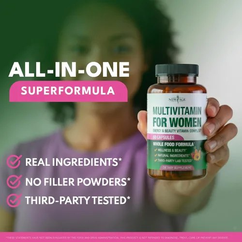 Miniatura 6 de NEW AGE Multivitamínico para mujer, complejo B, alimentos integrales, soporte para el cabello, hierro, multivitamínico todo en 1 para mujer