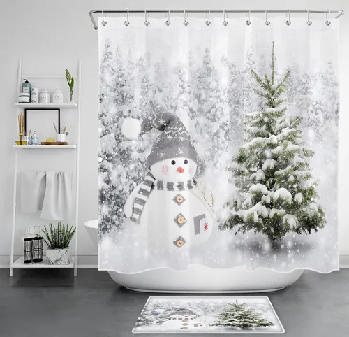 Miniatura 5 de EOBTAIN Cortina de ducha de hojas verdes de Navidad para baño, ramas de piña y abeto con bayas rojas sobre negro, cortina de ducha con 12 ganchos
