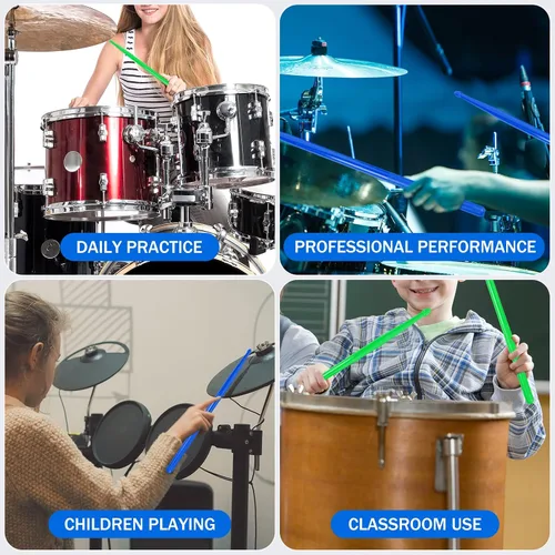 Miniatura 7 de Baquetas de nailon 5A para niños y adultos: baquetas ligeras y duraderas de color azul y verde con asas antideslizantes para baterías electrónicas
