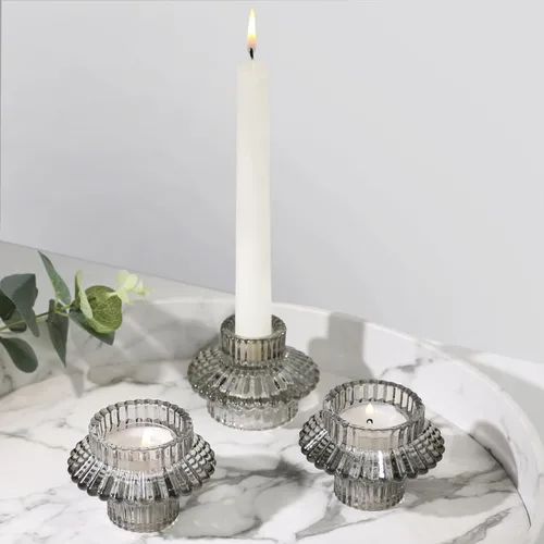 Miniatura 3 de Juego de 3 portavelas reversibles, cónicos de cristal gris y candelita para centro de mesa, boda, fiesta, decoración del hogar