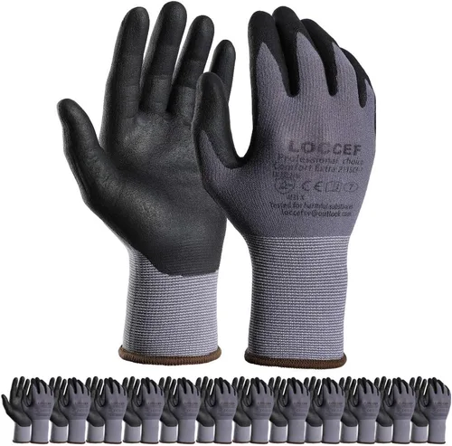 LOCCEF Guantes de trabajo de seguridad con revestimiento de nitrilo de microespuma, 12 pares, guantes de nailon de punto sin costuras, mejoras para