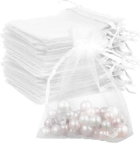 Miniatura 24 de Bolsas de organza, bolsa de organza transparente, 50 unidades, pequeñas bolsas de organza con cordón de 3 x 4 pulgadas, bolsas de regalo de joyería