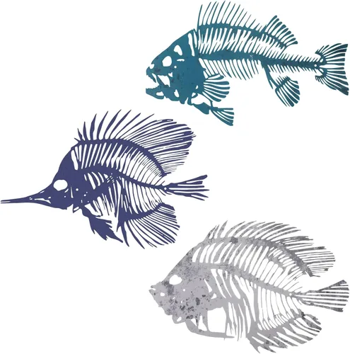 Miniatura 7 de Zhengmy 3 piezas de arte de pared de metal, escultura de pescado colgante de hueso de pescado de metal, decoración de pared rústica, estilo náutico