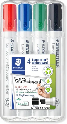 Staedtler Lumocolor - Marcador de pizarra blanca, punta de cincel, caja de 4 colores surtidos (rojo, azul, verde, negro), 351 WP4