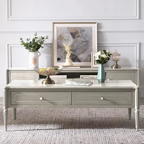 Miniatura 6 de Mesa de té para sala de estar, mesa de centro rectangular moderna con 2 cajones, mesa central creativa para sala de estar, mesa de café recortada
