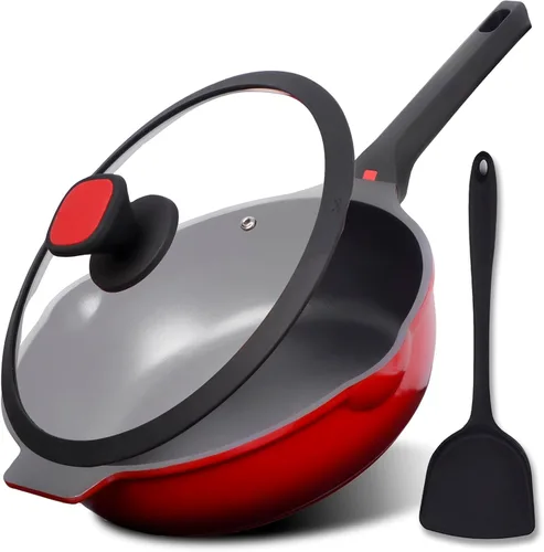 DIIG Sartén antiadherente profunda con tapa, sartén de 12 pulgadas/5.5 cuartos de galón con espátula de silicona, utensilios de cocina para salsas,