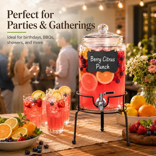 Miniatura 6 de Dispensador de bebidas de 1 galón, 1 paquete, dispensador de bebidas de espita de acero inoxidable para fiestas con soporte, recipiente de vidrio