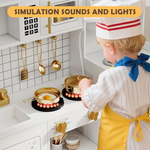 Miniatura 5 de JOYLDIAS Cocina moderna de madera, juego de cocina de juguete para niños pequeños con lavadora, refrigerador, microondas, horno, cafetera, luces