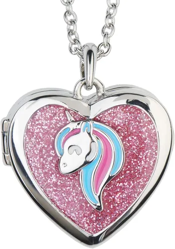Collar con medallón de corazón para niña pequeña colgante de animal con purpurina brillante almacenamiento interior secreto cadena de tono plateado