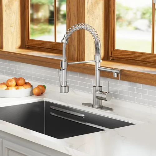 Miniatura 2 de Grifo de cocina de doble boquilla con rociador extraíble, grifo de fregadero comercial de acero inoxidable de níquel cepillado con relleno de olla