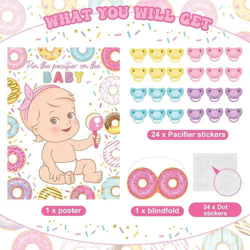 Miniatura 3 de Faccito Pin The Chupete Juego de baby shower, decoración de fiesta de baby shower, incluye póster grande, 24 calcomanías para chupete, juego