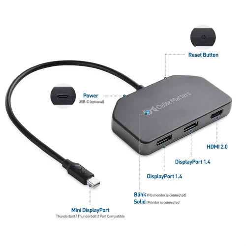 Miniatura 8 de Cable Matters 101065, divisor Mini DisplayPort/DisplayPort (2 DP + 1 HDMI), DP MST Hub con 2 puertos de pantalla y 1 HDMI para Windows,